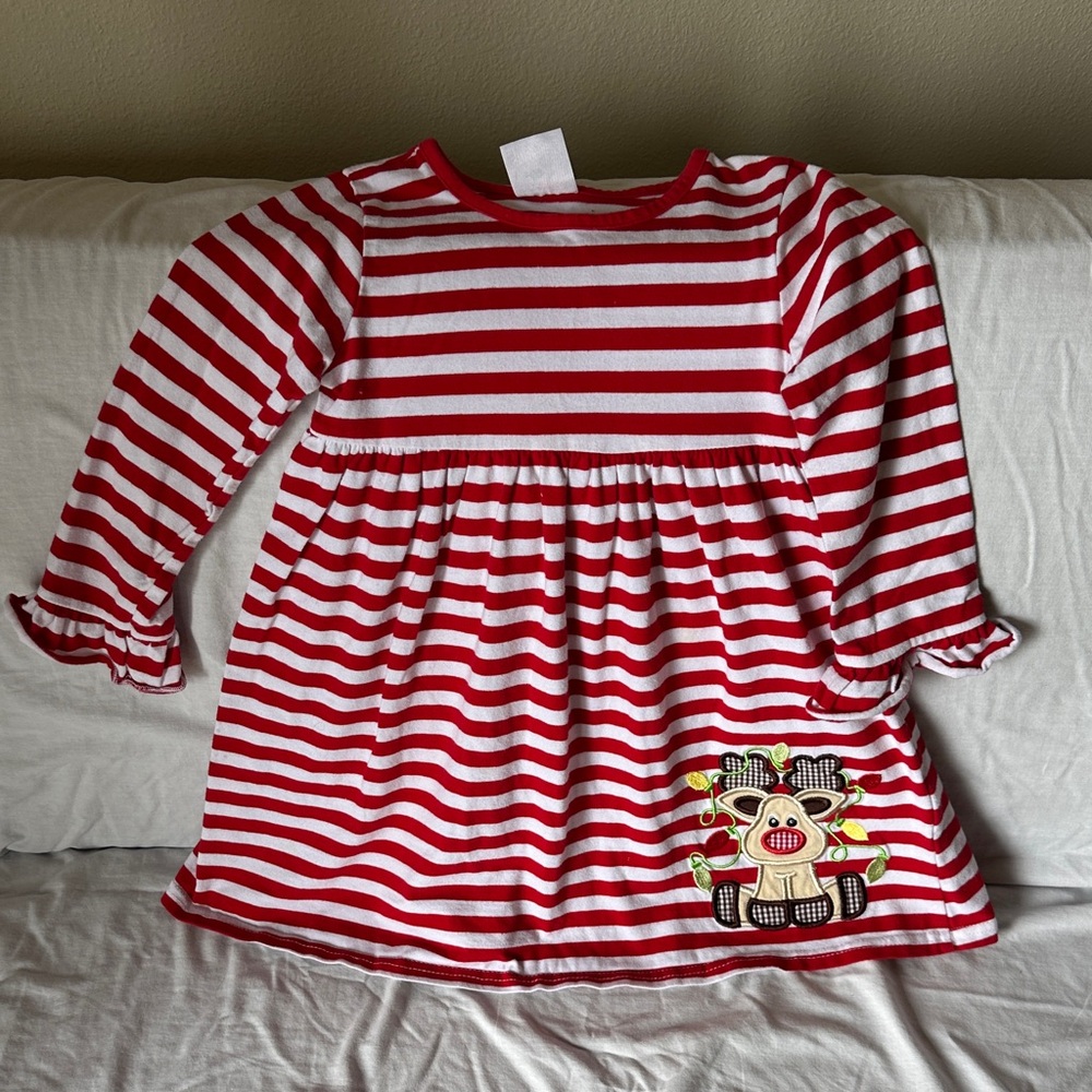 Striped Red and White Kids Dress with Cow Appliqué